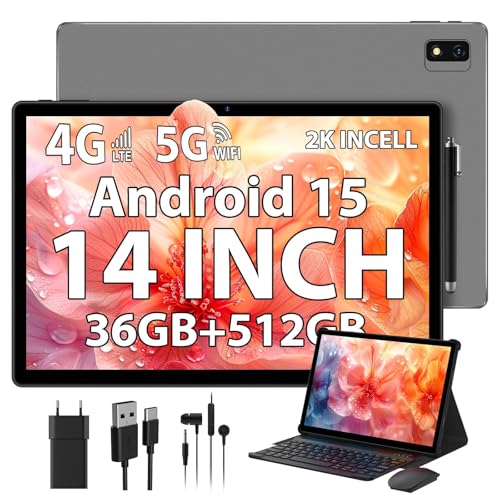 PIXGOOD 2K Android 15 Tablet 14 Pulgadas, 4G SIM LTE & 5G WiFi, 36GB RAM, 512GB ROM (2TB Expansion), 2000 * 1200FHD, 11580mAh, Octa Core 2.0GH, 13MP+8MP, Tablet con Teclado/GPS/Bluet 5.0 (Gris)