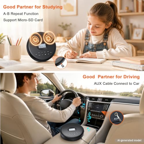 Image of ARAFUNA Portable CD Player Rechargeable with Bluetooth, Speakers for Home | Bluetooth RX /TX for Headphones, Speakers, Phone, Built-in Dual Speakers, large LCD Screen, Anti-Skip and Rechargeable for Car