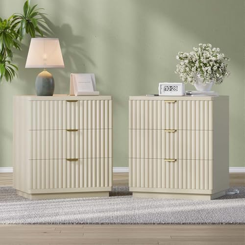Image of XinLiLai Nightstands Set of 2, Fluted Nightstand with Charging Station and 3 Drawer Storage, Large Modern Bedside Table, 21.7" Wide Nightstand Wood Dresser for Bedroom (2, Beige)