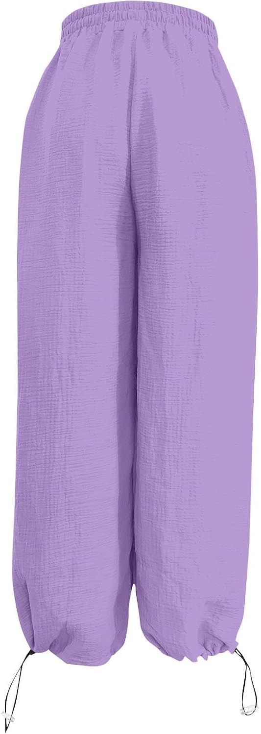 Wide Leg Cotton Linen Pants for Women Casual Drawstring Palazzo Pant Summer Vacation Beach Flowy Trousers with Pocket