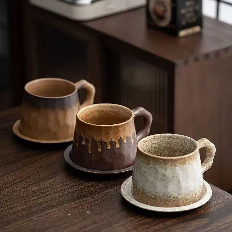 Miniatura 7 de Taza de cerámica para barista de capuchino con platillo, estilo vintage, retro, japonés, hecha a mano, con platillo, taza de café de cerámica