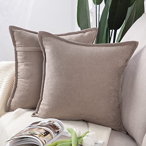 Madizz 2er Set kurzen Chenille Zierkissenbezüge weicher dekorativer Kissenbezug für Sofa, Schlafzimmer Kissenhülle Helltaupe 50x50 cm Quadrat