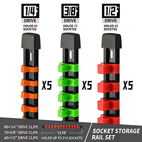Image of Reniteco 15-Pack Socket Organizer Set, 1 /4 inch x 80 3 /8 inch x 75 1 /2 inch x 60 Clips | 215 Clip Capacity, Havy-Duty ABS Socket Rails, Removable Clips, Drive Socket Storage, Toolbox Drawer or Wall Mount