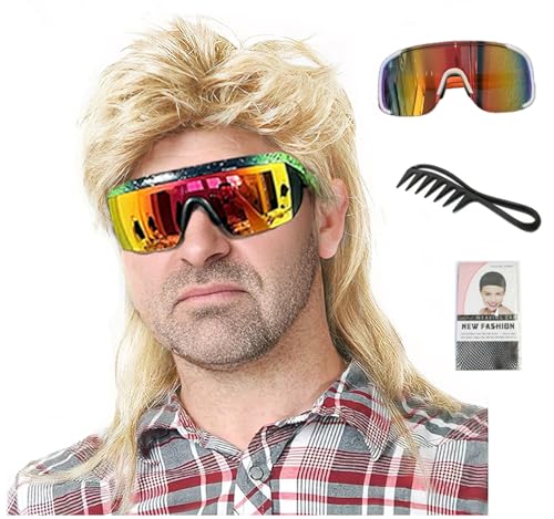 Lotfon Mens Blonde 80s Mullet Wig Retro Rocker Costume for Halloween 80s Themed Party & Cosplay (Light Blonde)