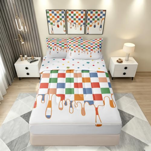 Image of Multi Checkered Complete Zip Up Bedding Set Full,4 Piece Checkerboard Drip Comforter Kit with Fitted Sheet & Pillowcases,Y2K Aesthetic Geometric All Season Bed in a Bag for Boys Girls Bedroom