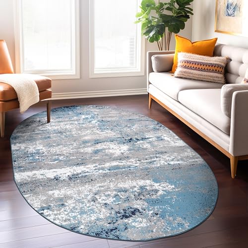 Tapete oval moderno abstracto azul 5'x7' Rugshop miniatura 5