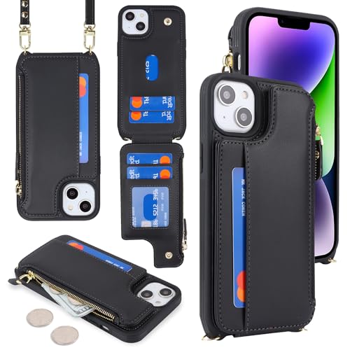 Cavor for iPhone 14 Plus Case with Card Holder,iPhone 14 Plus Wallet Case for Women,Phone Case iPhone 14 Plus Case with Strap,Crossbody Lanyard and Wristlet,Leather Zipper Pocket Case-Black
