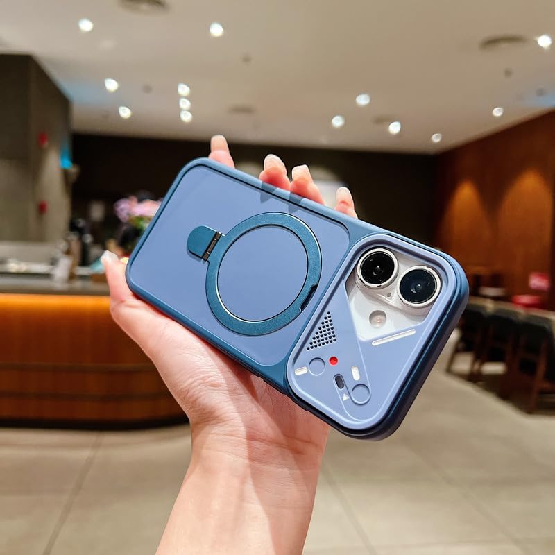 Image of LuxuryKase Magnetic Shockproof Case for iPhone 16 | Foldable 110 Metal Ring Kickstand | Matte Finish | Futuristic Camera Shield Design | Slim Profile & MagSafe Compatible - Blue