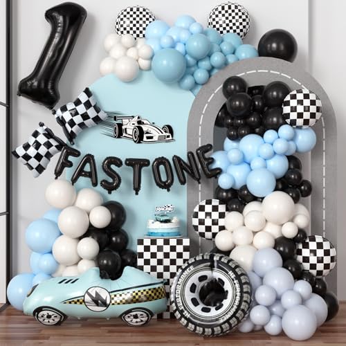 SNLN 185 Pcs Fast One Birthday Decorations for Boys Blue Black Race Car Balloon Arch Kit with 3D Racing Car Number 1 Fast One Tire Flag Checkered Foil Balloons for 1st Cars Birthday Decorations
