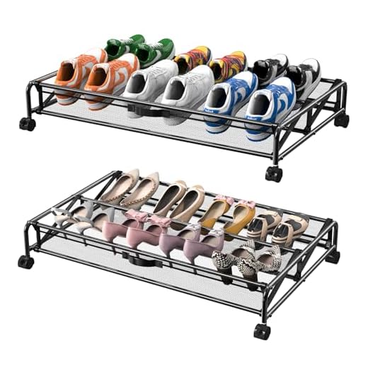 KOSIWU Under Bed Shoe Storage with Wheels, 2 Pack Rolling Under Bed Storage Containers for Shoes Metal Shoe Rack Organizer Bedroom Organization