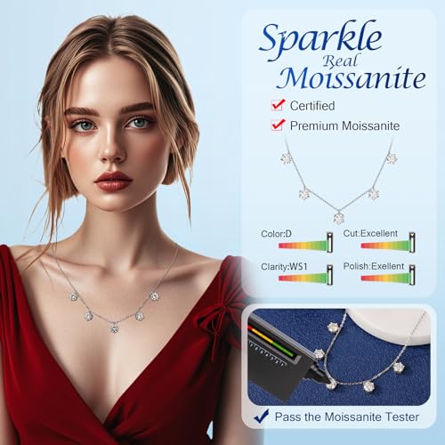 2.5-5CT Tennis Moissanite Necklace for Women, 5 Stones 925 Sterling Silver D Color Ideal Cut Moissanite Necklace for Women with Certificate of Authenticity2