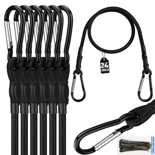 6 Piece 24 Inch Carabiner Bungee Cords with Hooks Heavy Duty Outdoor Bungee Cords with Carabiner Hooks 6 Nylon Cable Ties UV & Weather Resistant