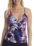 24th & Ocean Women's Standard Shirred Tankini Swimsuit Top, Black//Island Fever, L
