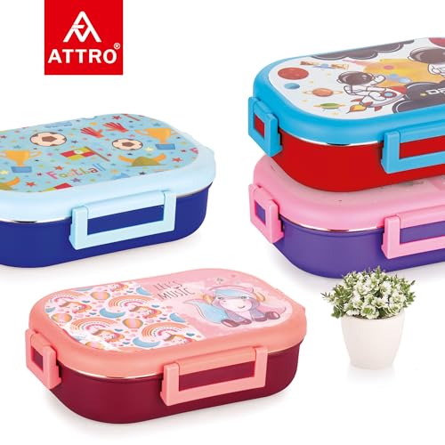 Image of Attro Food Time Deluxe Stainless Steel Lunch Box with 1 Small Container & Eyecatchy Prints Airtight & Spillproof - 750ml+250ml Unicorn Brown Peach