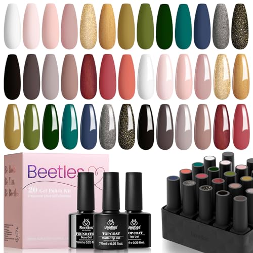 Beetles 23Pcs Gel Nail Polish Kit with Base Gel Top Coat, Pink Nude Grey Green White Black Glitters Gel Polish Set Soak off UV Led Gel Nail Art Manicure Gift for Girls Women Lucky Tarot Collection