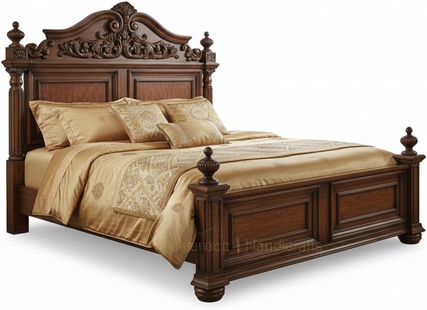 Royal King Size Bedroom Set Hand-Carved Solid Teak Wood Bed Frame Antique Finish Luxury Wooden Dressing Table Two Bedside Tables Victorian Palace Master Bedroom Furniture Set
