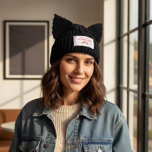Gorro de punto con orejas de gato negro para mujer 6