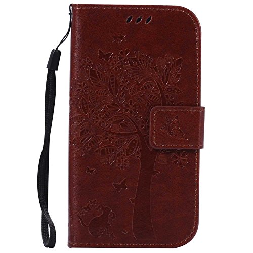 KKEIKO Galaxy S4 Case, Leather Wallet Case Notebook Style Flip Cover [with Free Tempered Glass Screen Protector], Shock-Absorption Protective Cover with Cat Pattern for Galaxy S4 (Brown #2)