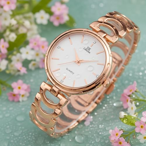 Image of IIK COLLECTION Watches for Women Round Studded Dial |Analogue Quartz Movemnet Ladies Watch|Long Battery Life|Stainless Steel Adjustable Bracelet Chain Strap|Double Lock Clasp Safety Watches for Girls