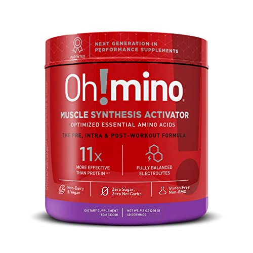 Oh!mino Muscle Synthesis Activator, Caffeinated Essential Amino Acids Powder, Pre, Intra, and Post Workout Recovery Drink, Amino Acid Complex with 100mg Pharma-Grade Caffeine, Berry Blast, 40 Servings