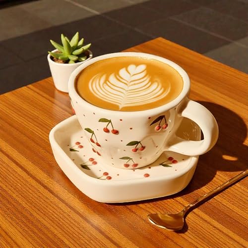 Image of OCEAN STORE Ceramic Cherry Print Tea Cup with Saucer 250 ml | Aesthetic Coffee Cup Set | Cute Printed Ceramic Mug | Glossy Finish Cup for Home, Office & Cafe (1)