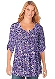 Women's Plus Size Tunic Top With Graduated Pleats, Floral Print, Henley Neck