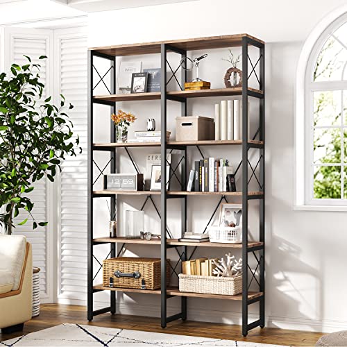 Oneinmil Double Wide 6-Tier Bookshelf, Industrial Bookcases With Metal Frame, Open Large Bookcase, Wood And Metal Tall Display Shelves For Home And Office, Rustic Brown And Black #TOP15