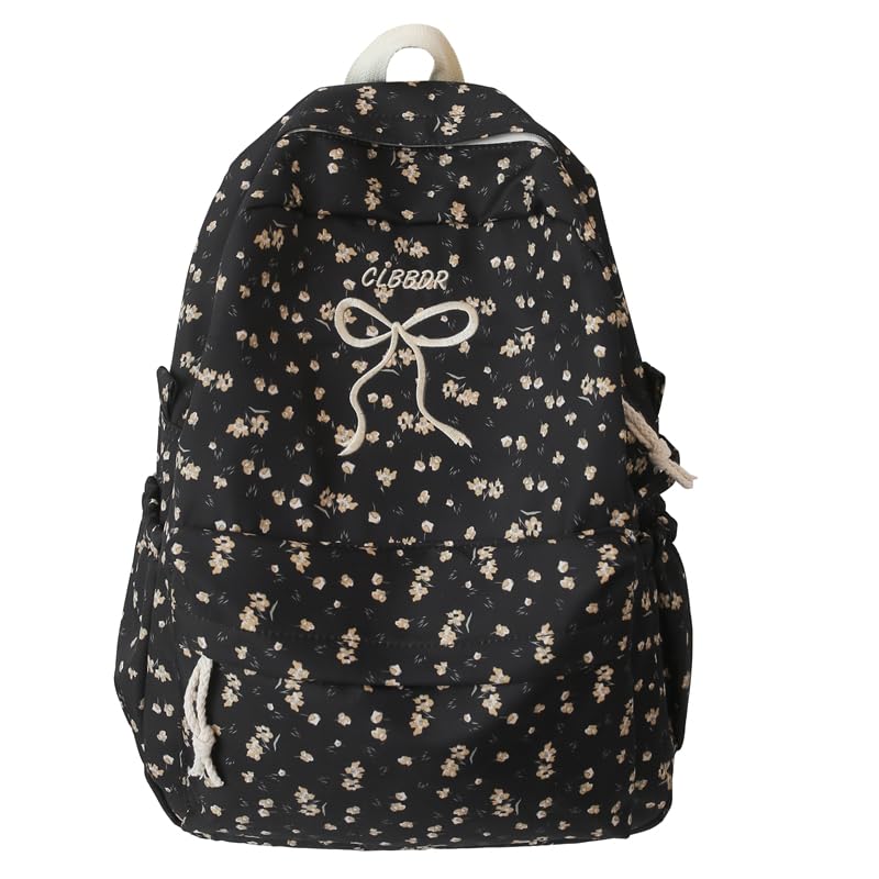 Floral Backpack Kawaii Bookbag Aesthetic Backpack for (Black)