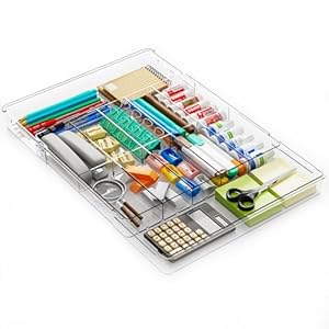 Yieach Large Expandable Desk Drawer Organizer Tray for Office Supplies and Accessories With 12 Adjustable Compartments,Office Drawer Organizers for Pencil,Pen and Kitchen Junk Drawer Organizer,Clear