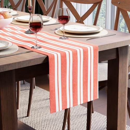 Image of Encasa XO Cotton Table Runner for 2 to 4 Seater | Size 13x48 in | Franca Orange Stripes - Machine Washable & Durable
