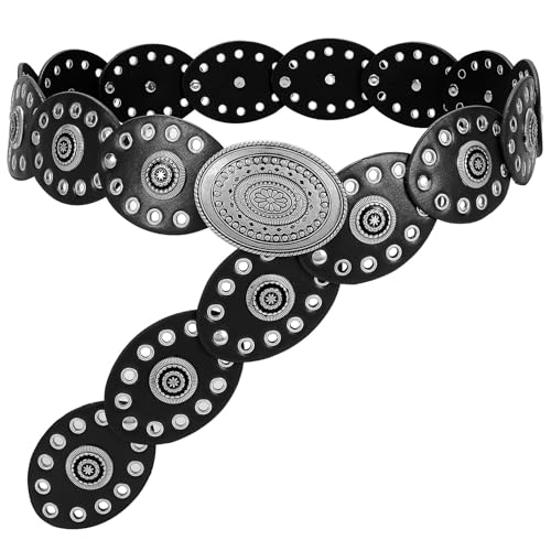 WHIPPY Women Disc Concho Leather Belt Western Cowgirl Wide Belt Vintage Boho Country Oval Waist Belt for Music Festival Dress Black Fit Waist Size Up to 33