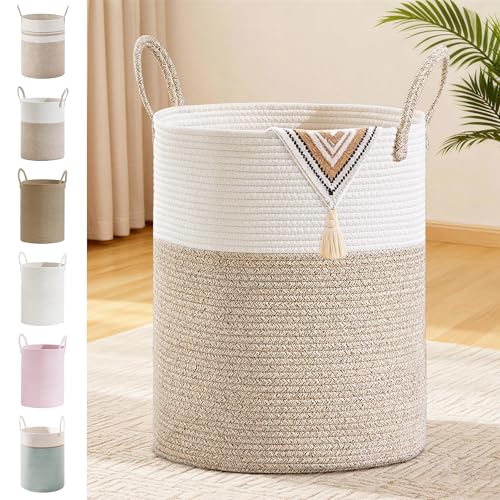 Image of 88L Large Tall Cotton Rope Laundry Basket with Handles, Brown