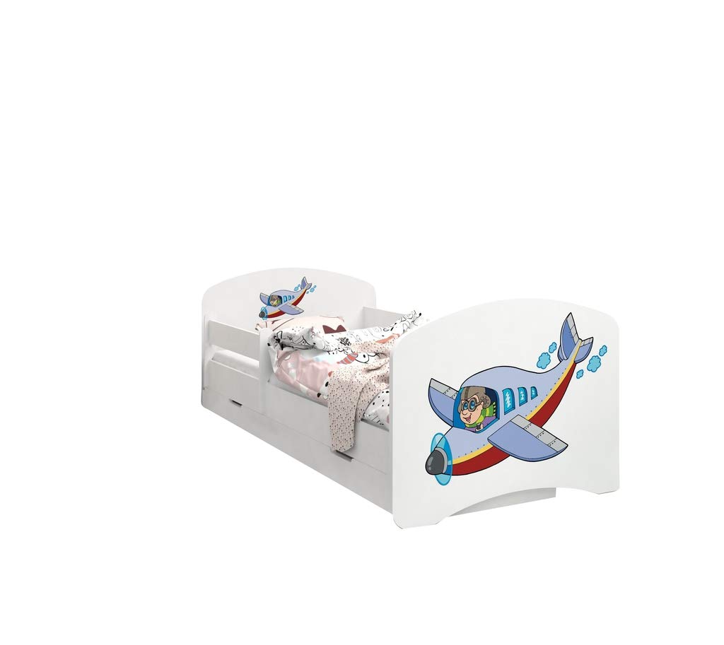 Happy Babies - Dwustronne łóżko dziecięce z szufladą Nowoczesne wzornictwo z bezpiecznymi krawędziami i zabezpieczeniem przed upadkiem materac piankowy 7 cm. (190x90, 45. samolot)