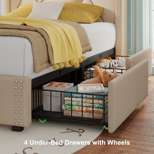 Feonase Upholstered Storage Bed Frame Twin Size with 4 Drawers, Platform Bed with Charging Station & Wingback Headboard, Solid Wood Slats Support, Beige