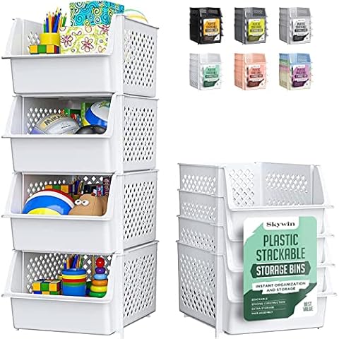 Skywin TidyFriend Stackable Storage Bins for Pantry, 4 Pack Stackable Bins For Organizing Food, Kitchen, and Bathroom Essentials (White) Cover