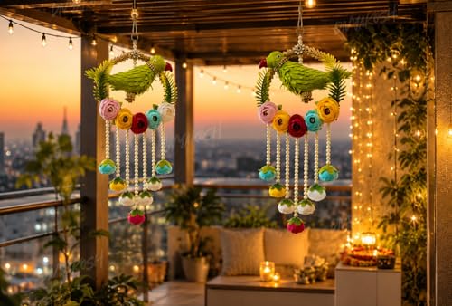 Image of Divyakosh Handmade Parrot Hanging for Home Decor Set of 2 | Indian Festive Door Wall Hanging with Pearl Tassels & Floral Design| Latkan for Diwali, Wedding, Housewarming, Living Room & Balcony