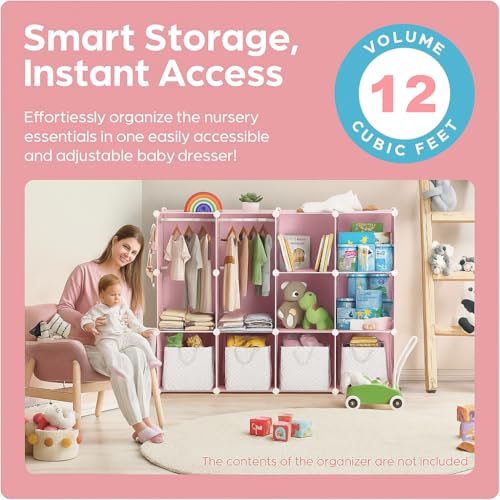 Image of Mevigo 12-Door Plastic Kids Wardrobe Foldable Almirah with Hanger Space |Portable Closet for Baby Clothes & Toys | DIY Printed Modular Kids Cupboard Organizer for Home,Nursery & Bedroom -Pink- C3