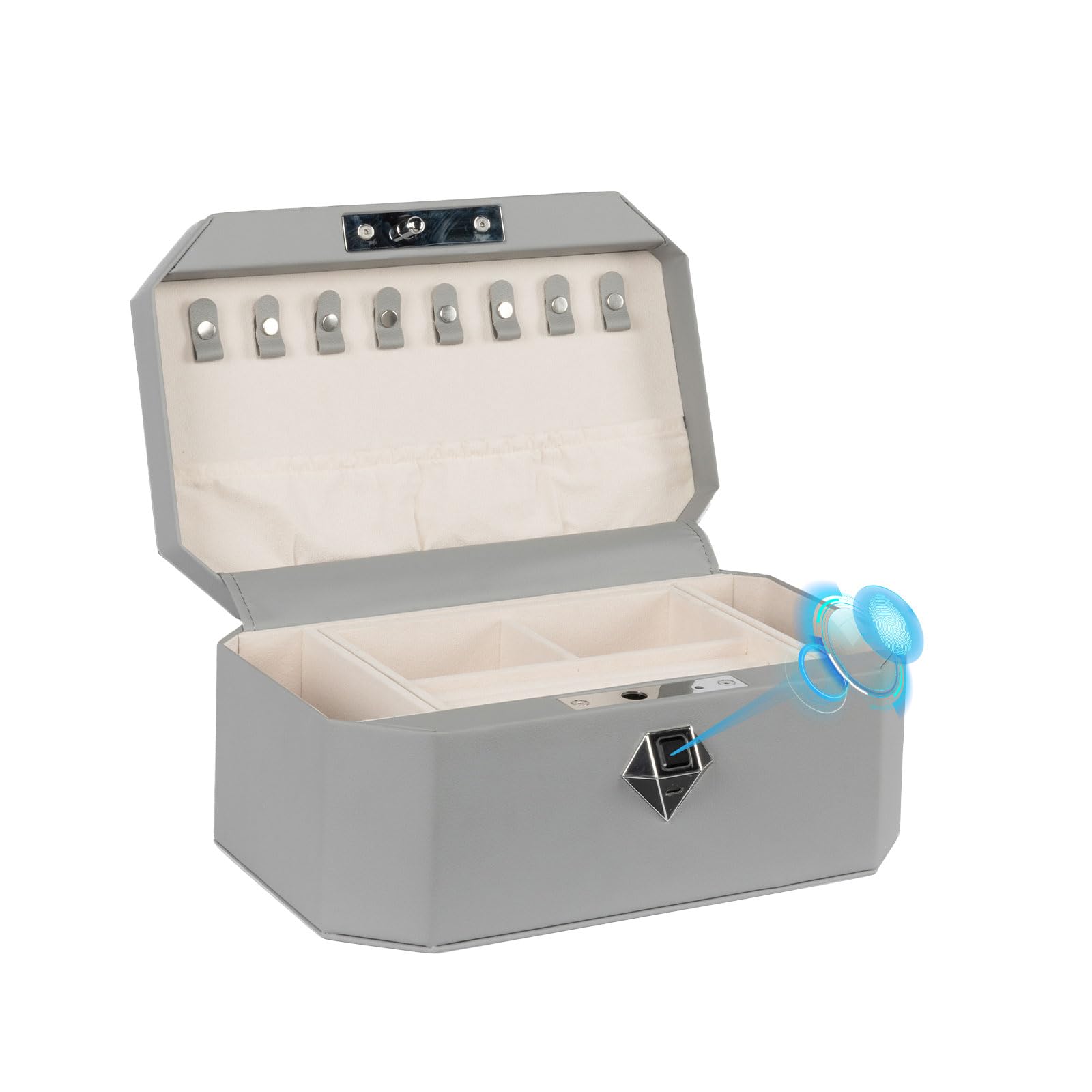 Coffre-fort à bijoux, coffre-fort biométrique pour empreintes digitales, boîte à bijoux enveloppée de cuir avec serrure, accès rapide et entrée sans clé (deux niveaux, gris)