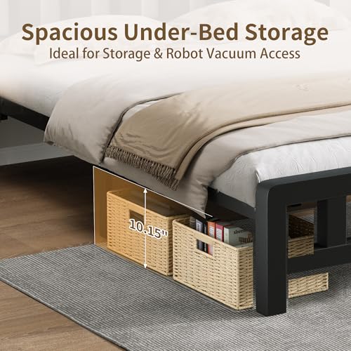 Image of Queen Size Metal Platform Bed Frame with Movable USB Charging Ports | 2000 Lbs Heavy Duty Noise-Free Steel Slats, 10 inch Under Bed Storage, Thickened Vertical Slatted Headboard, for Teens Dorm Adult