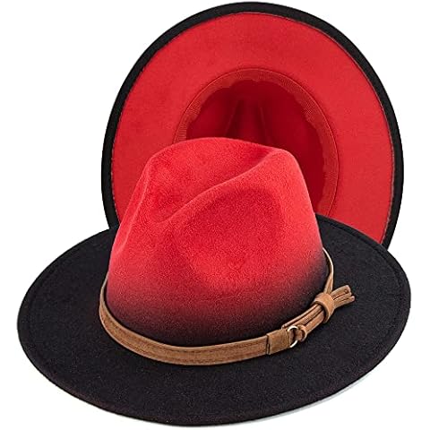 CXQRR Women Men Two Tone Fedora Hats Wide Brim Felt Panama Hat with Belt Buckle, Ombre Red Black, Medium Cover