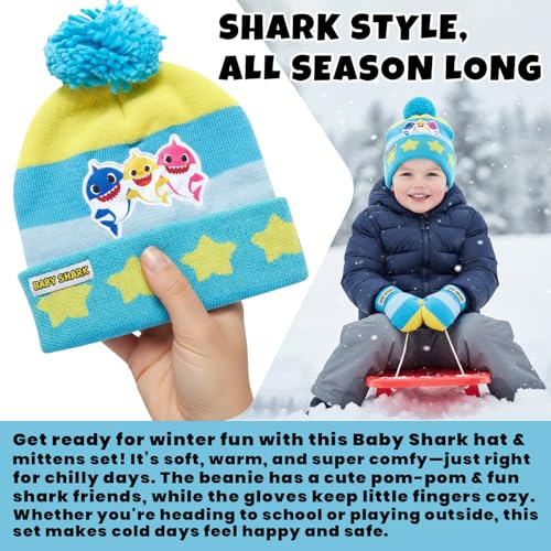 Image of Nickelodeon Boys' Baby Shark Winter Hat and 2 Pairs of Mitten Set (Toddler)