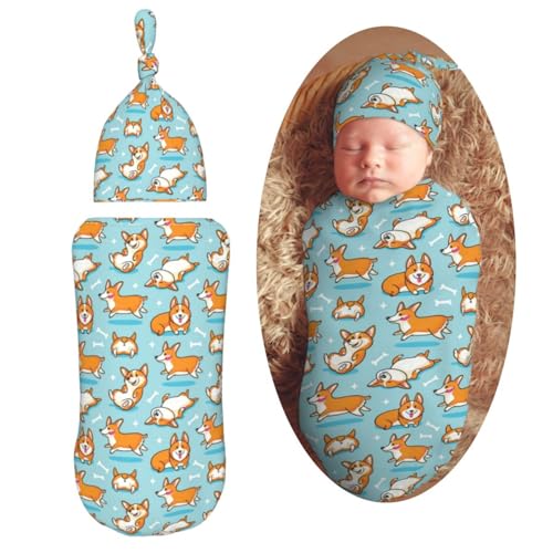 Image of Muishi Corgi Dog Newborn Swaddle Blankets Hat Sets Soft Baby Receiving Blanket Swaddle Sack for Baby Shower Infant Boy Girl Gift