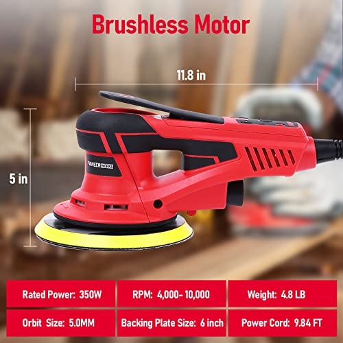 Electric Random Orbital Sander,Pioneerworks Brushless Motor,Powerful 350W & Low Vibration,10000 Rpm,6-Inch For Woodworking, Polishing,Carpentry #TOP6