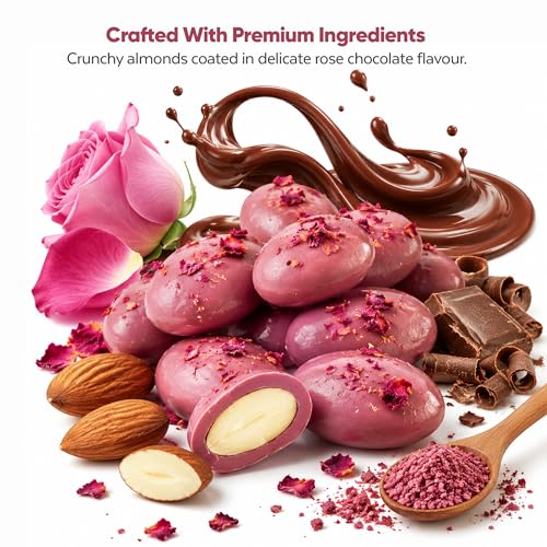 Image of DRIYOZ Rosy Crunch Rose Flavour Chocolate Coated Almonds 250g | Premium Crunchy Badam with Floral Chocolate Granules | Gourmet Sweet Nut Snack for Gifting & Celebrations