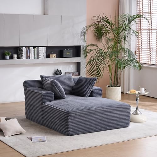 Image of Oversized Chaise Longue Chair Indoor, Upholstered Corduroy Deep Seat Sofa Bed with Throw Pillows and Armrests, Sleeper Sofa Couch for Living Room, Bedroom Apartment EL973