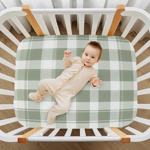 Image of Caikeny Fitted Crib Sheet for Boys Girls Sage Green Grey Plaid Baby Crib Sheets Bassinet Sheets Crib Mattress Bed Sheets for Toddler Newborn Infant 52 X 28 in