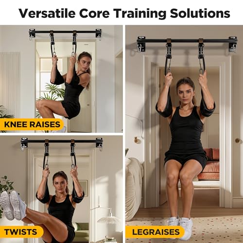 Image of Wall Mounted Pull Up Bar with Hanging Ab Straps, Carbon Steel Chin Up Bar with 8mm Steel Plates, Adjustable Oxford Cloth Ab Sling Straps for Pull Ups, Knee Raises, Leg Raises, Home Gym Training(Black- Ab Straps)