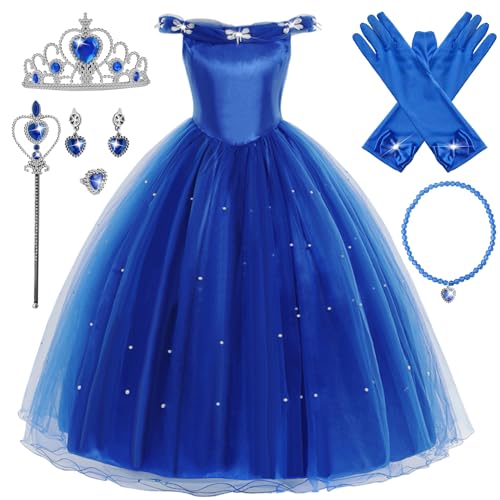 YOSICIL Ragazza Principessa Cenerentola Costume Manicotto a Sbuffo Festa Vestito Costume da Cenerentola per Bambina Halloween Cosplay Carnevale Festa Compleanno Abiti Accessori,Blu,150