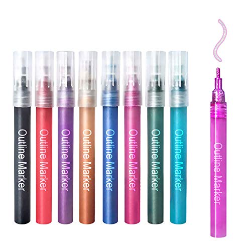 Double Line Outline Pen Markers, goalBY Shimmer Marker Set, Marker Pen for Highlight, 8/12 Colors Self Outline Metallic Markers for Greeting Gift Cards, Scrapbook Crafts (C)