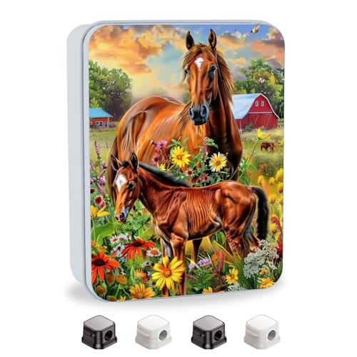 Image of Metal Tin Box with Lid for Game Cards Home Organizer Candles Keys Crafts Storage - Equipped with 4 Magnetic Cord Clips,Horses and flowers